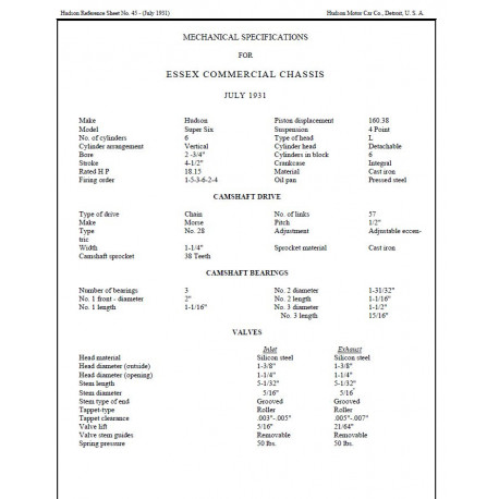 Essex 1931 Commercial Mech Specs