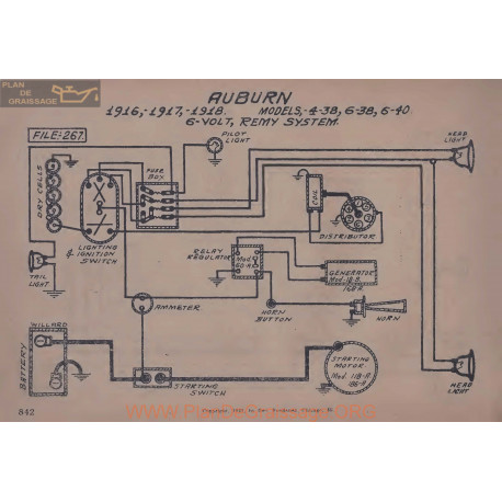 Auburn 4 38 6 40 6volt Schema Electrique 1916 1917 1918 Remy