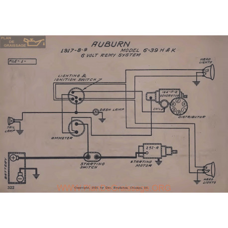 Auburn 6 39 H K 6volt Schema Electrique 1917 1918 1919 Remy