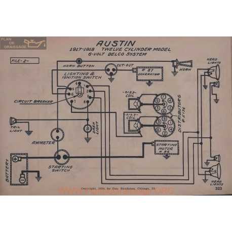 Austin Twelve Cyle-indre 6volt Schema Electrique 1917 1918 Delco