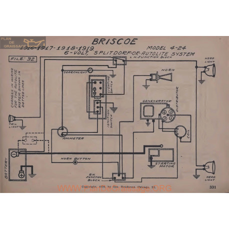 Briscoe 4 24 6volt Schema Electrique 1916 1917 1918 1919 Splitdorf Autolite