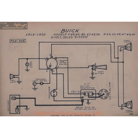 Buick H44 H45 H46 H47 H49 H50 K44 K45 K46 K47 K49 K50 6volt Schema Electrique 1919 1920 Delco