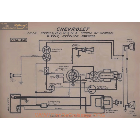 Chevrolet H2 H3 H4 6volt Schema Electrique 1915 Autolite