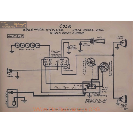 Cole 4 40 6 50 666 6volt Schema Electrique 1915 1916 Delco