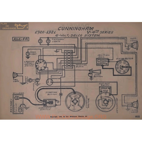 Cunningham V4 6volt Schema Electrique 1920 1921 Delco