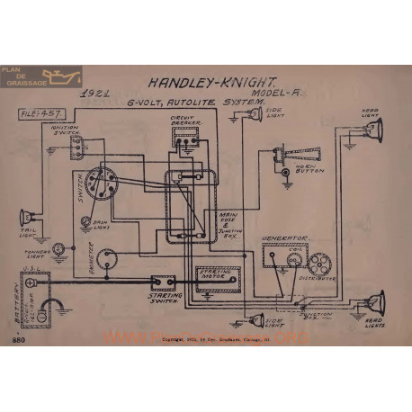 Handley Knight A 6volt Schema Electrique 1921 Autolite