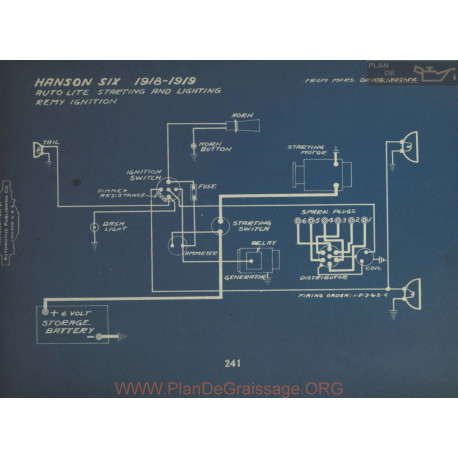 Hanson Six Schema Electrique 1918 1919 Autolite Remy