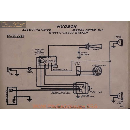 Hudson Super Six 6volt Schema Electrique 1916 1917 1918 1919 1920 Delco V2