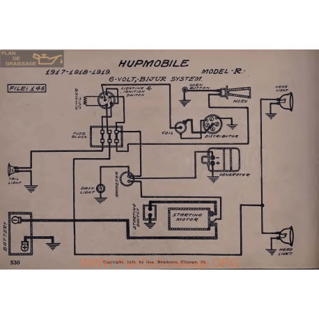 Hupmobile R 6volt Schema Eelctrique 1917 1918 1919 Bijur