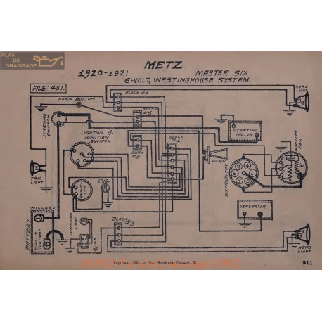 Metz Master Six 6volt Schema Electrique 1920 1921 Westinghouse