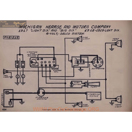 Michigan Hearse Company Light Six Big 6volt Schema Electrique 1917 1918 1919 Delco