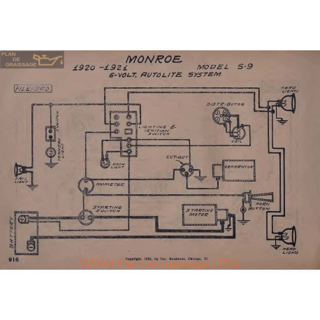 Monroe S9 6volt Schema Electrique 1920 1921 Autolite