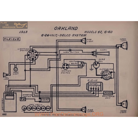 Oakland 42 6 60 6volt 24volt Schema Electrique 1913 Delco V2