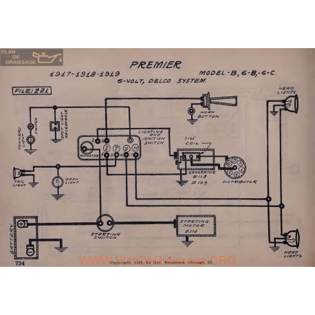 Premier B6 B6 C6 6volt Schema Electrique 1917 1918 1919 Delco