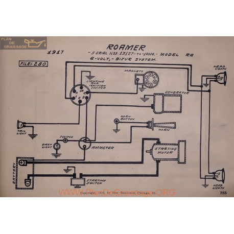 Roamer Ra 13127 A 14004 6volt Schema Electrique 1917 Bijur