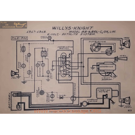 Willys Knight 88 4 C Bro Sn Lim 6volt Schema Electrique 1917 1918 Autolite