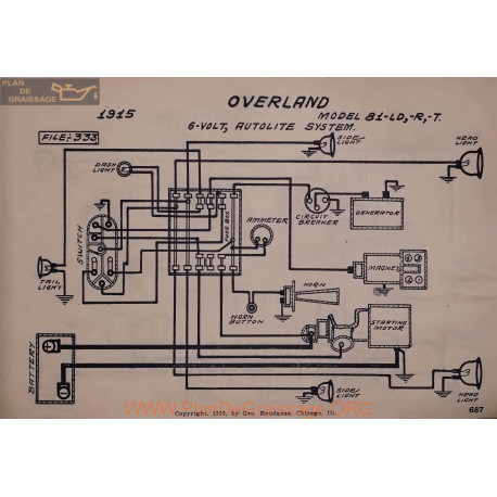 Willys Overland 81 Ld R T 6volt Schema Electrique 1915 Autolite V2