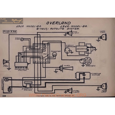 Willys Overland 82 86 6volt Schema Electrique 1915 1916 Autolite