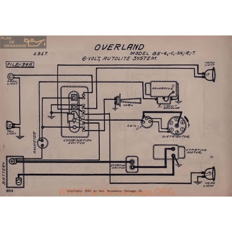 Willys Overland 85 6 C Sn R T 6volt Schema Electrique 1917 Autolite