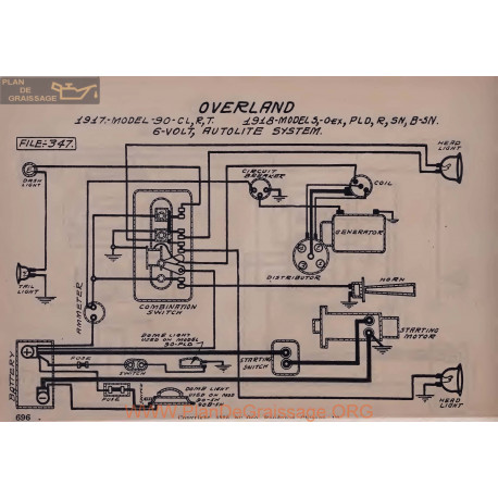 Willys Overland 90 Pld Sn Cl 6volt Schema Electrique 1917 1918 Autolite