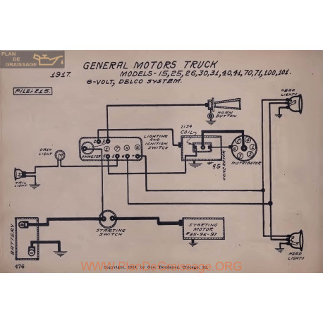 General Motors Truck 15 25 26 30 31 40 41 70 71 100 101 6volt Schema Electrique 1917 Delco V2