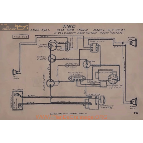 Reo 6 F20 F21 6volt Schema Electrique 1920 1921 North East Remy