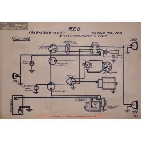 Reo T6 U6 6volt Schema Electrique 1918 1919 1920 North East