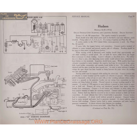 Hudson 16 40 6volt Schema Electrique 1916 Delco Plate 70