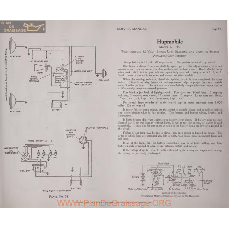 Hupmobile K 12volt Schema Electrique 1915 Westinghouse Plate 54