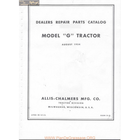 Allis Chalmers G Tractor Parts Book Manual 1954