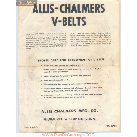 Allis Chalmers V Belts Form Number 517954