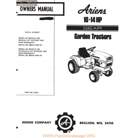 Ariens 10 And 14 Hp Gear Garden Tractors Owners Manual