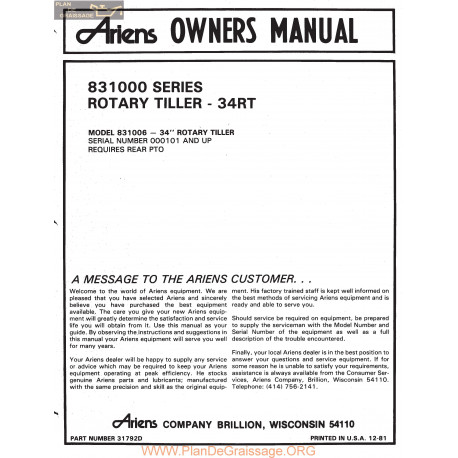 Ariens 831000 Series Model 831006 34 Inch Rotary Tiller Owners Manual