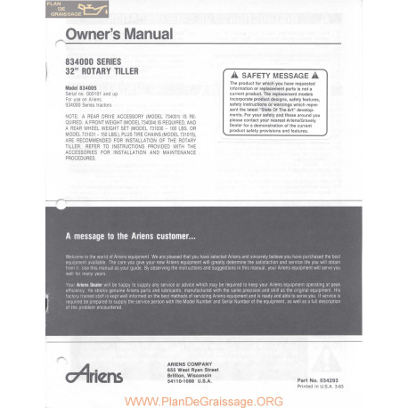 Ariens 834000 Series Rotary Tiller Owners Manual 1983