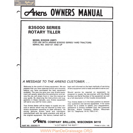 Ariens 835000 Series Rotary Tiller Owners Manual 1983