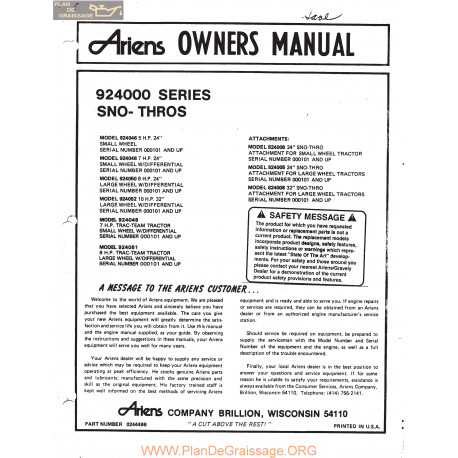 Ariens 924000 Series Sno Thros Owners Manual 1974