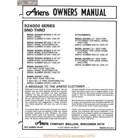 Ariens 924000 Series Sno Thros Owners Manual 1978