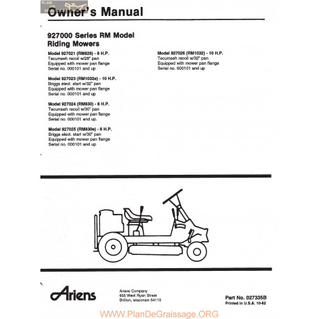Ariens 927000 Series Riding Mowers Owners Manual 1982