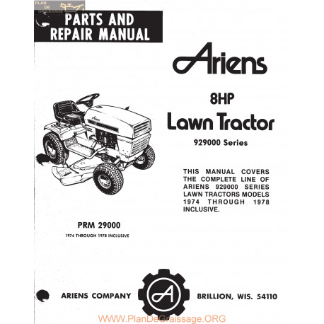 Ariens 929000 Series 8 Hp Lawn Tractor Parts And Repair Manual