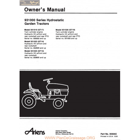 Ariens 931000 Series Hydrostatic Garden Tractors Owners Manual