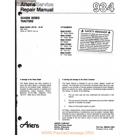 Ariens 934000 Series Tractors Repair Manual