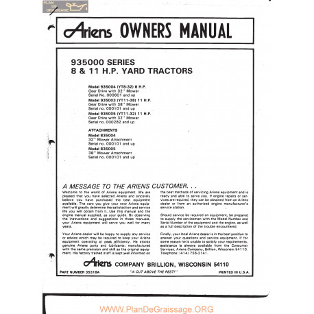 Ariens 93500 8 And 11 Hp Yard Tractors Owners Manual