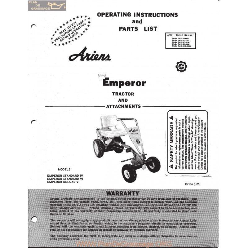 Ariens Emperor Iv And Vi Tractor And Attachments Parts List Plan De