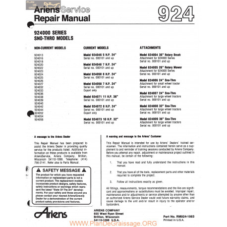 Ariens Rm 924 Repair Manual 1983