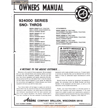 Ariens Sno Thro 924000 Series Owners Manual 1972