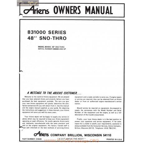 Ariens Sno Thro Model 831010 48 Inch Owners Manual 1974