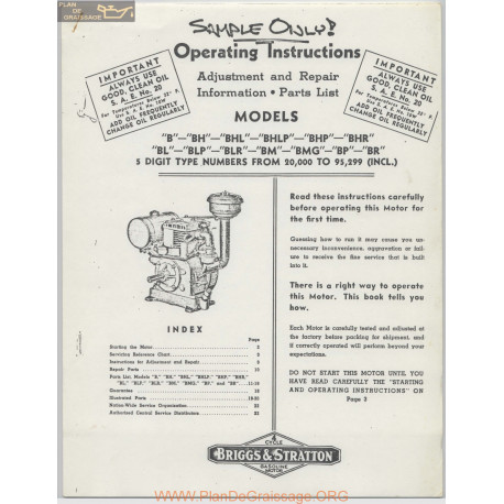 Briggs And Stratton B Models Operating Instructions