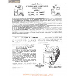 Briggs And Stratton Models 100900 To 100992 And 130900 To 130992 Operating And Maintenance Instructions