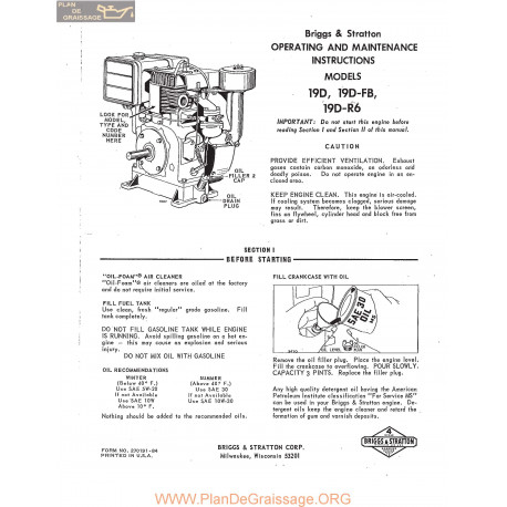 Briggs And Stratton Models 19d 19dfb 19dr6 Engine Operaing And Maintenance Instructions