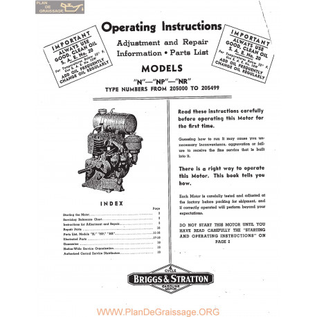 Briggs And Stratton Models N Np Nr Motors Operating Instructions